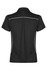A black polo shirt featuring white accent piping and a collar. It has a logo on the garment.