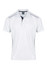 A white men's polo shirt with black accents and a collar, featuring a branding logo.