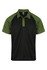 A black polo shirt with green sleeves and a logo on the chest, featuring a classic collar and short sleeves.