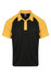 A black and yellow polo shirt with a logo on the chest, featuring a classic collar and short sleeves.