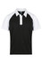 A black polo shirt featuring white raglan sleeves and a collar with buttons. It has a logo on the chest.