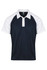 A navy and white polo shirt with a collar and logo, featuring a raglan sleeve design.