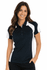 A polo shirt featuring navy and white panels, designed for a fitted look. It has a logo on the chest.