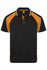 A black polo shirt with orange accents and a logo, featuring a classic collar and three buttons.
