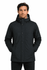A black men's jacket with a hood, featuring a logo, and a front zip and button closure.