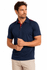 A navy blue polo shirt with red accents and a logo, featuring a classic collar and short sleeves.