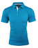 A turquoise polo shirt with a white collar and shoulder accents, featuring a logo on the front.