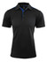 A black polo shirt featuring blue accents and a logo on the chest.