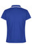 A blue polo shirt with a white collar and trim, featuring a logo on the back.