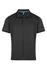 A black polo shirt with a collared neckline and button placket, featuring a logo on the chest.