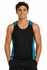 A man in a sleeveless black singlet with turquoise accents, featuring a logo on the chest.