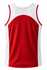 A red and white men's singlet with a round design on the back and a logo on the front.