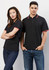 A black short sleeve polo shirt featuring red and white trim, displayed on a male and female model. The shirt has a logo.
