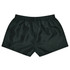 Dark green rugby shorts with an elastic waistband and a smooth, shiny fabric. Features a logo on the side.