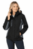 A black and grey women's jacket with a hood and zip pockets, featuring a logo.