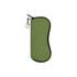 A green neoprene glasses pouch with a zippered closure and a clip attachment.