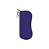 A purple neoprene glasses pouch with a zip closure and a clip attachment. There is a logo present.
