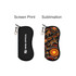A black neoprene glasses pouch with a logo on one side and a colourful patterned design on the other.