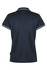 A navy polo shirt with a collar and contrasting stripes, featuring a logo on the side.