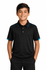 A black polo shirt with blue accents, suitable for kids, displayed on a smiling boy. The shirt has a logo.