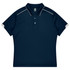 A navy sports polo featuring a collar, buttons, and grey accents on the sleeves. It has a logo on the chest.