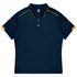 A navy blue polo shirt featuring yellow accents, with a collar and buttons, suitable for sports uniforms.