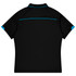 A black polo shirt with blue accents and a logo at the back, designed for kids' sports uniforms.