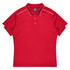 A red polo shirt featuring a collar and short sleeves, with contrasting white accents and a logo.