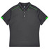 A dark grey polo shirt featuring green accents and a logo on the collar.
