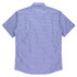 A short-sleeve button-up shirt in blue and white gingham pattern, featuring a logo on the back.