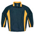 A dark green tracktop with yellow side stripes and a zip-up front. It features a logo on the chest.