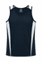 A black singlet featuring white side panels and a logo on the upper back. Suitable for casual wear or sports.