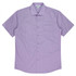 A short sleeve button-up shirt in light purple with a chest pocket and a brand logo present.