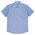 A short-sleeve button-up shirt in a light blue shade featuring a single chest pocket and a brand logo.
