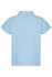 A light blue polo shirt for kids featuring a collar and short sleeves, with a logo on the garment.