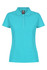 A turquoise polo shirt with a collar, buttons, and a fitted cut. It features a branding label at the neckline.