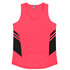 A pink singlet featuring black accents and side stripes, designed for women's wear, with a logo present.