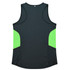 A dark green singlet featuring bright green side panels, with a branding logo on the back.