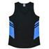 A black singlet with blue accents, featuring a v-neck design and a logo on the label.