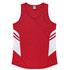 A red singlet featuring white side panels and stripes, with a branded logo on the upper part.