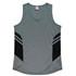 A grey singlet with black side panels and a v-neck design. It features a logo on the upper part.