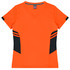An orange V-neck T-shirt with black side panels and stripes. It features a logo on the label.