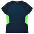 A navy blue women's t-shirt with bright green accents on the sides and a logo on the back.