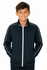 A navy blue kids' jacket with white piping, featuring a zip front and side pockets.