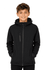 A black jacket with a hood and zippered pockets, featuring a logo and fitted design for kids.