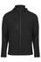 A black jacket featuring zippered pockets and a hood, designed for kids. It has a logo on the front.