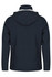 A navy jacket with a hood, featuring a simple design and a logo on the back.