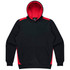 A black hoodie with red accents and a front pocket, featuring a hood and branding.
