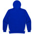 A blue hoodie featuring a hood and contrasting grey side panels, with a logo on one side.