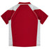 A polo shirt in maroon with white accents, featuring a collar and short sleeves, presented in a back view.